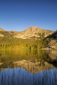 Sawtooth Mountain reflects into calm Sawtooth Lake in the Pioneers Mountains, Beaverhead-Deer Sawtooth Mountain reflects into calm Sawtooth Lake in the Pioneers Mountains, Beaverhead-Deer