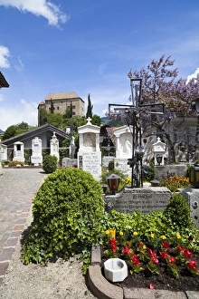 Schenna (Scena) near Meran (Merano) with parish church Maria Aufnahme, cemetery and palace, castle Schenna (Scena) near Meran (Merano) with parish church Maria Aufnahme, cemetery and palace, castle