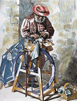 Colored Engraving History Prints: Sharpener street. Colored engraving by E. Alba on a life drawing by D. F. Guisasola. 1879