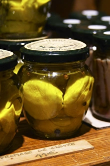 In the shop: Glass jars with goat cheese chevre in olive oil. Moulin Mas des Barres olive mill In the shop: Glass jars with goat cheese chevre in olive oil. Moulin Mas des Barres olive mill