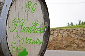 Sign on an old barrel welcoming visitors to Pierre Gaillard Winery, viticulteur Sign on an old barrel welcoming visitors to Pierre Gaillard Winery, viticulteur