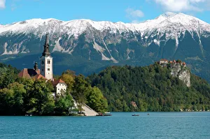 Slovenia, Bled, Lake Bled, Bled Island, Bled Castle and Julian Alps Slovenia, Bled, Lake Bled, Bled Island, Bled Castle and Julian Alps