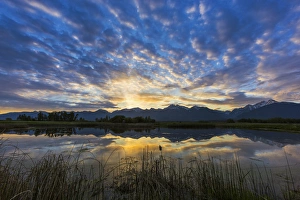 Small pond reflects the Mission Mountains at sunrise in the Ninepipe WMA in the Mission Valley Small pond reflects the Mission Mountains at sunrise in the Ninepipe WMA in the Mission Valley