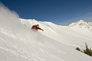 Snowboarder enjoys the powder in Cardiff Fork, Big Cottonwood Canyon, Wasatch Mountains, Utah Snowboarder enjoys the powder in Cardiff Fork, Big Cottonwood Canyon, Wasatch Mountains, Utah