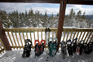 Snowshoes on the front porch of the Appalachian Mountain Clubs Hi-Cabin on Mount Snowshoes on the front porch of the Appalachian Mountain Clubs Hi-Cabin on Mount
