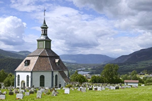Sofar Fron octagonal stone church 1792 over looks Laggen River river valley, Ringebu Sofar Fron octagonal stone church 1792 over looks Laggen River river valley, Ringebu