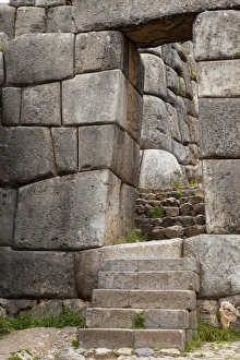 South America, Peru, Cuzco. Inca stone walls, stairs and door at Fort Sacsayhuaman ruins South America, Peru, Cuzco. Inca stone walls, stairs and door at Fort Sacsayhuaman ruins