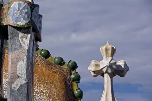Spain, Catalonia, Barcelona. Casa Batllo (1906). Views of typical Gaudi chimney sturctures Spain, Catalonia, Barcelona. Casa Batllo (1906). Views of typical Gaudi chimney sturctures