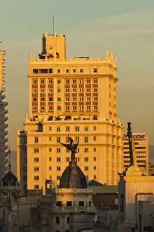 Europe Street Photography Prints: Spain, Madrid, Centro Area, elevated view of buildings along Gran Via and Edificio Espana