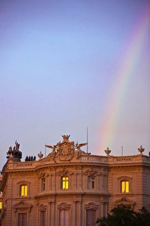 Spain, Madrid, Plaza de Cibeles, view along Calle de Alcala, rainbow at sunset Spain, Madrid, Plaza de Cibeles, view along Calle de Alcala, rainbow at sunset