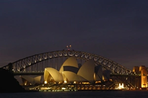 Sydney Opera House with Sydney Harbour Bridge at night. Sydney NSW AUSTRALIA Sydney Opera House with Sydney Harbour Bridge at night. Sydney NSW AUSTRALIA
