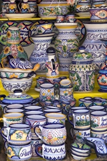 Talavera pottery being sold at an outdoor market in the city of Puebla, Puebla, Mexico Talavera pottery being sold at an outdoor market in the city of Puebla, Puebla, Mexico