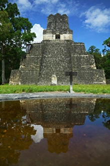 Temple II with reflection in water at Tikal Ruins, Guatemala Temple II with reflection in water at Tikal Ruins, Guatemala