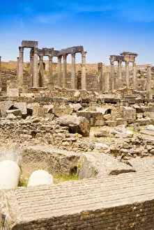 The Theatre, Roman ruins, Dougga Archaeological Site, UNESCO World Heritage Site The Theatre, Roman ruins, Dougga Archaeological Site, UNESCO World Heritage Site