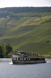 Tour boat on the Mosel River in northwest Germany with vineyards on the hillside Tour boat on the Mosel River in northwest Germany with vineyards on the hillside