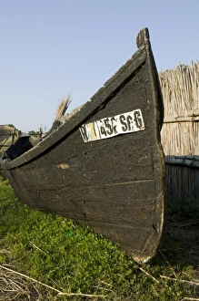 Traditional tared hull wood boat in boat on land, St George Romania, Danube Delta Traditional tared hull wood boat in boat on land, St George Romania, Danube Delta