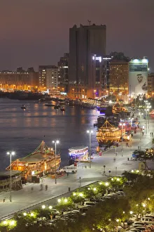 UAE, Dubai, Deira, elevated view of Dubai Creek, dusk UAE, Dubai, Deira, elevated view of Dubai Creek, dusk
