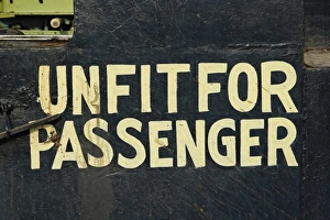 Unfit for passengers sign on train parked at train station, Udaipur, India Unfit for passengers sign on train parked at train station, Udaipur, India