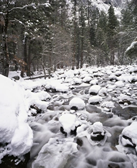 USA, California, Merced River, Yosemite Valley, Winter, Snow on Rocks, Yosemite National USA, California, Merced River, Yosemite Valley, Winter, Snow on Rocks, Yosemite National