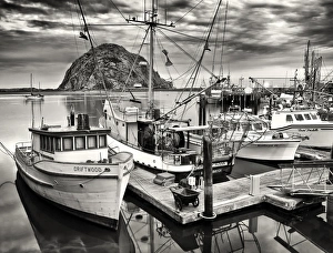USA, California, Sepia-tinted fishing boats docked in Morro Bay at dawn USA, California, Sepia-tinted fishing boats docked in Morro Bay at dawn