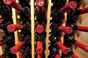 USA, California, Temecula. Wine bottles in a rack USA, California, Temecula. Wine bottles in a rack