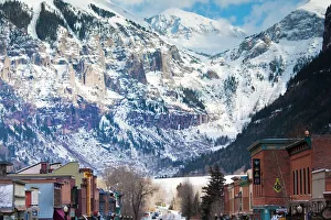 USA, Colorado, Telluride, Main Street and Ajax Peak, winter USA, Colorado, Telluride, Main Street and Ajax Peak, winter