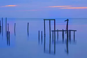 Images Dated 10th February 2019: USA, Florida, Apalachicola. Remains of an old dock at sunrise