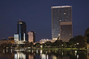 USA, Florida, Orlando, skyline from Lake Eola, dawn USA, Florida, Orlando, skyline from Lake Eola, dawn