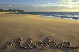 USA, Hawaii Aloha written on Hawaiian beach Used in World USA, Hawaii Aloha written on Hawaiian beach Used in World