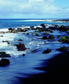 USA; Hawaii, Hawaii; Waves breaking on a black sand beach USA; Hawaii, Hawaii; Waves breaking on a black sand beach