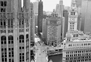 USA, IL, Chicago, Loop from Hotel Inter-Continental. Tribune Tower and Wrigley Building USA, IL, Chicago, Loop from Hotel Inter-Continental. Tribune Tower and Wrigley Building