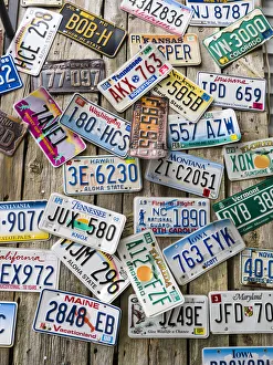 USA, Maine. License plates on Old Wall in Bar Harbor USA, Maine. License plates on Old Wall in Bar Harbor