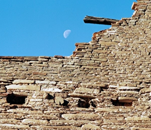 USA, New Mexico, Chaco Culture National Historical Park. Moon over a ruin at Chaco Canyon USA, New Mexico, Chaco Culture National Historical Park. Moon over a ruin at Chaco Canyon