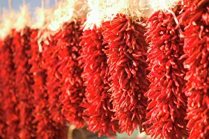 USA, New Mexico, Santa Fe: Downtown Santa Fe, Chili Pepper Ristras / Wreaths USA, New Mexico, Santa Fe: Downtown Santa Fe, Chili Pepper Ristras / Wreaths