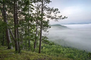 Adirondack Mountains Collection: USA, New York State. Mountains enshrouded in morning fog, Kipp Mountain, Adirondack Mountains