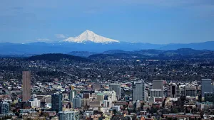 USA, Oregon, Portland, Portland and Mt. Hood from Pittock Mansion USA, Oregon, Portland, Portland and Mt. Hood from Pittock Mansion