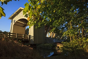 USA, Oregon, Scio, the Gilkey Bridge, covered bridge in early Autumn USA, Oregon, Scio, the Gilkey Bridge, covered bridge in early Autumn