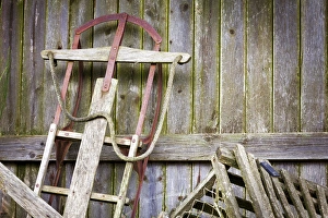USA, Washington, Belfair. Old sled in storage USA, Washington, Belfair. Old sled in storage