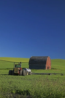 USA, Washington, Old Red Barn in the Spring Green Wheat Field USA, Washington, Old Red Barn in the Spring Green Wheat Field