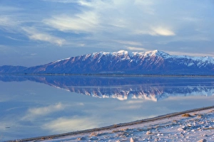 View from Antelope Island Causeway at sunset of Great Salt Lake and Northern Wasatch View from Antelope Island Causeway at sunset of Great Salt Lake and Northern Wasatch
