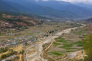 View over city Paro with river Paro Chhu, Bhutan View over city Paro with river Paro Chhu, Bhutan