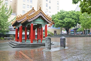 WA, Seattle, The Grand Pavilion, in Hing Hay Park, a rainy Seattle day WA, Seattle, The Grand Pavilion, in Hing Hay Park, a rainy Seattle day
