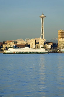 WA, Seattle, Space Needle and Ferry boat from Alki WA, Seattle, Space Needle and Ferry boat from Alki