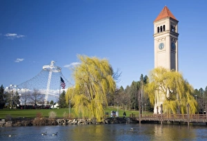 WA, Spokane, Riverfront Park, view across the Spokane River, the Clock Tower and the U WA, Spokane, Riverfront Park, view across the Spokane River, the Clock Tower and the U