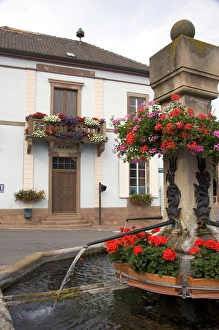 Water fountain with red geraniums in the village of Roschwihr, Eastern France Water fountain with red geraniums in the village of Roschwihr, Eastern France