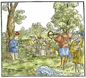 Ancient Art And Architecture Collection: William Tell. Story by Schaufelein. Shooting an apple from his son. 16th cent. engraving