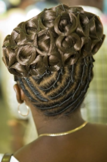 Womans elaborate hair style (viewed from behind), Garifuna Settlement Day, annual Womans elaborate hair style (viewed from behind), Garifuna Settlement Day, annual