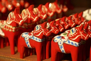 The wooden Dala horses a symbol of Sweden for sale in a Gamla Stan souvenir shop The wooden Dala horses a symbol of Sweden for sale in a Gamla Stan souvenir shop