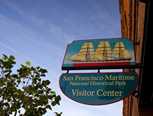 Wooden street sign for The San Francisco Maritime Historic National Park Visitor Wooden street sign for The San Francisco Maritime Historic National Park Visitor