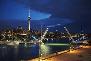 Wynyard Crossing bridge, and Skytower, Auckland waterfront, North Island, New Zealand Wynyard Crossing bridge, and Skytower, Auckland waterfront, North Island, New Zealand